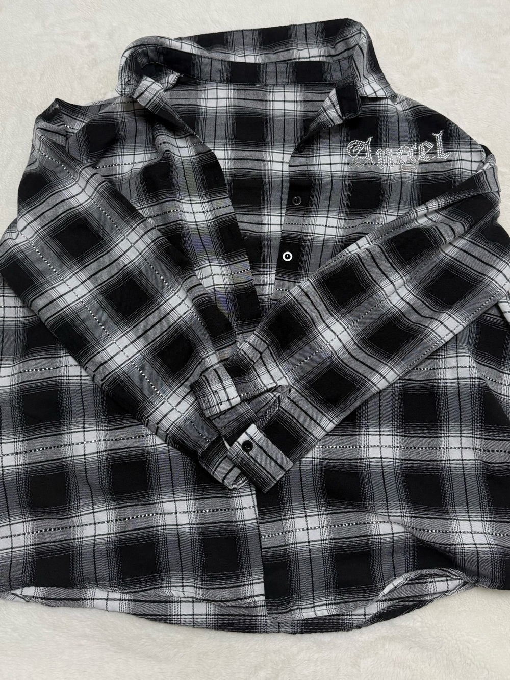 Rhinestone Plaid Flannel in Black and White UPCYCLED Size L GUC